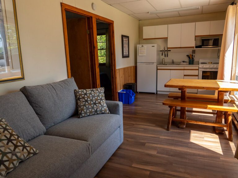 Couch and table in cottage kitchen