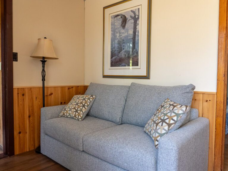 Couch in corner, with painting hanging above