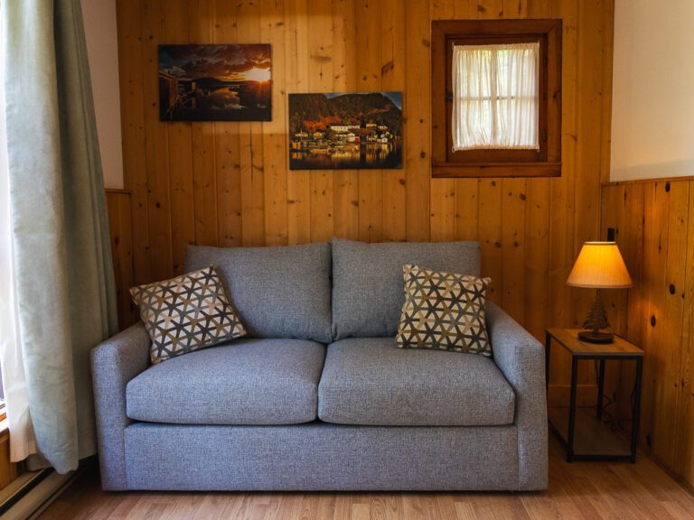 Couch against wood-panelled wall
