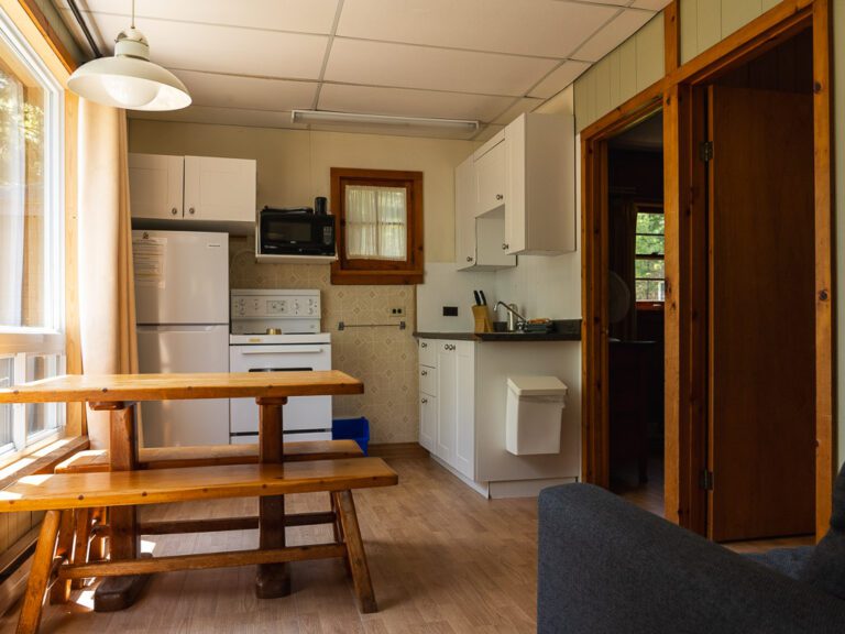 Wooden table in modestly sized cabin kitchen
