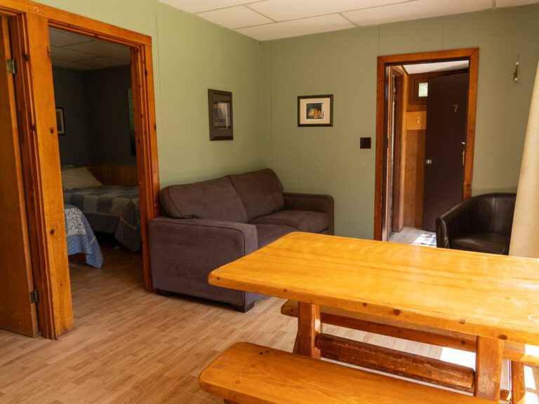 View of couch looking across kitchen table