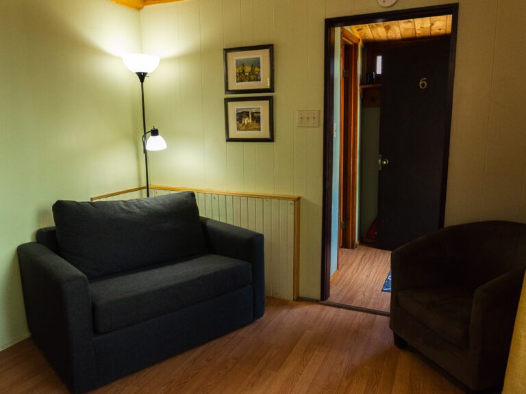 Floor lamp behind wide armchair