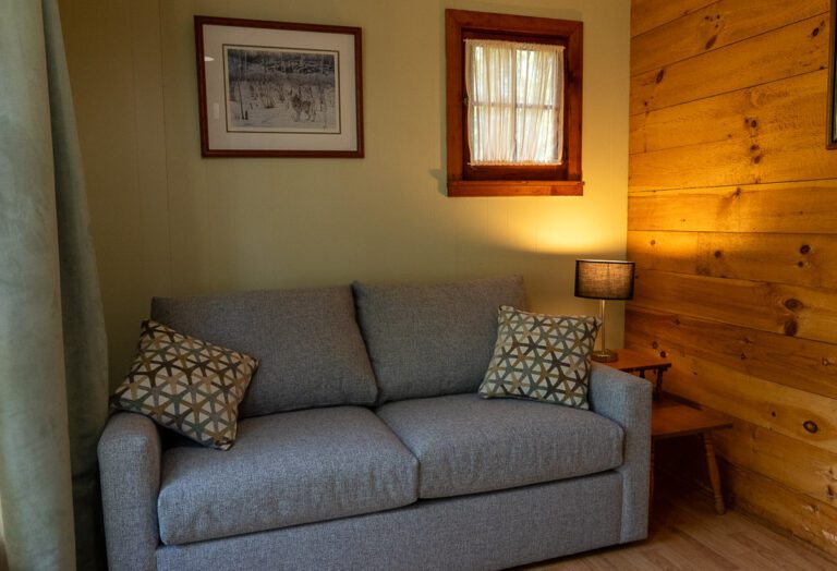 Couch beside a wood-panelled wall